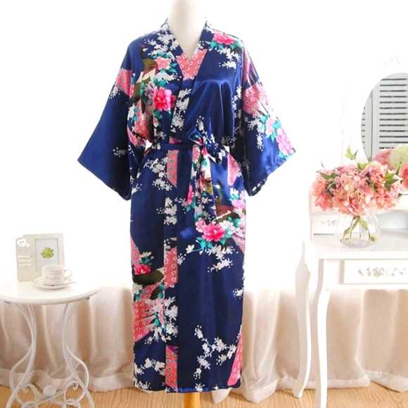 Aibrou Navy Floral Kimono Robe Silk Satin With Belt Closure- M NWT - Picture 1 of 4